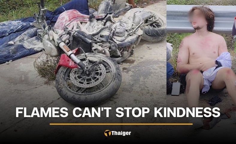View full size Russian rider goes to help the other motorcyclist as his own Ducati burns